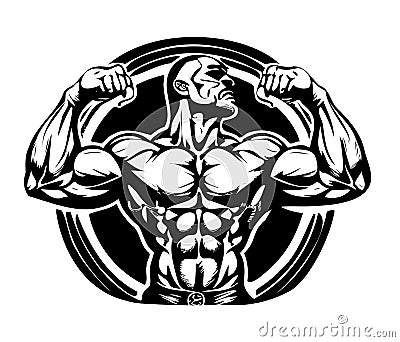 Muscular man showing muscles logo sketch hand drawn.Doodle style. Cartoon Illustration