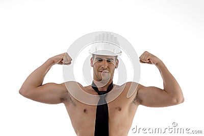 Muscular man wearing architect helmet Stock Photo