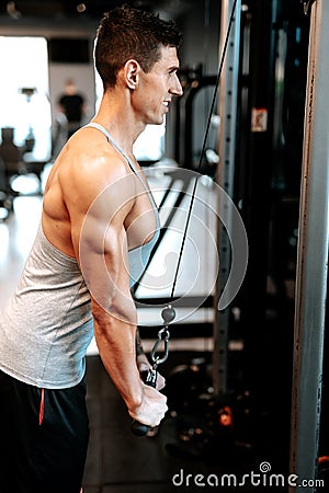 Portrait of muscular man working out at gym, doing arms training with biceps and triceps workout. Professional trainer and certifi Stock Photo