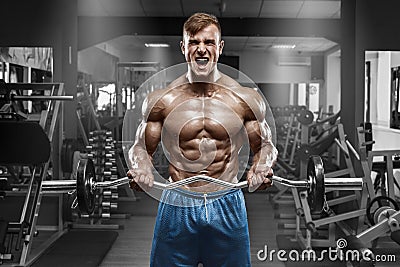 Muscular man working out in gym doing exercises with barbell at biceps, strong male naked torso abs Stock Photo