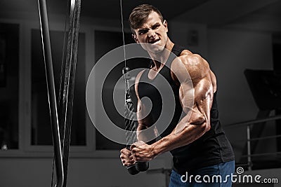 Muscular man working out in gym doing exercises at triceps, strong male Stock Photo