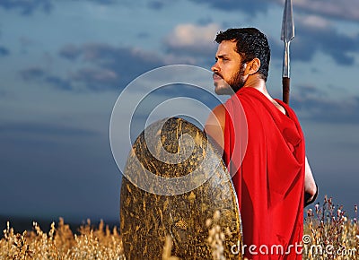 Muscular medieval warrior standing in the field Stock Photo