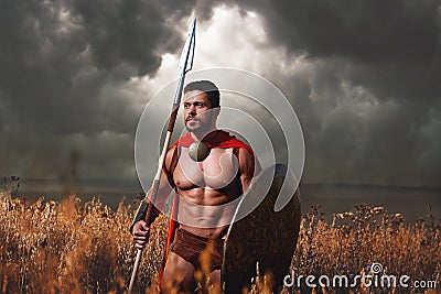 Muscular medieval warrior standing in the field Stock Photo