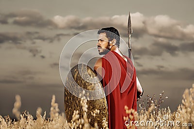 Muscular medieval warrior standing in the field Stock Photo