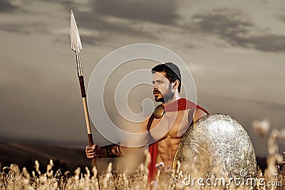 Muscular medieval warrior standing in the field Stock Photo