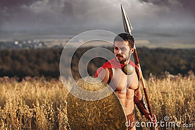 Muscular medieval warrior standing in the field Stock Photo