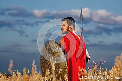 Muscular medieval warrior standing in the field Stock Photo