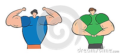 Muscular men show their muscles, hand-drawn vector illustration. Black outlines and color Vector Illustration