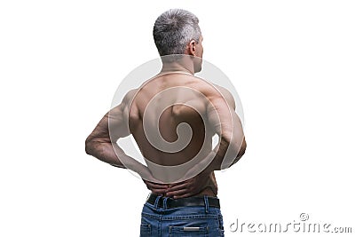 Muscular middle-aged man posing on white background, isolated studio shot, back view Stock Photo