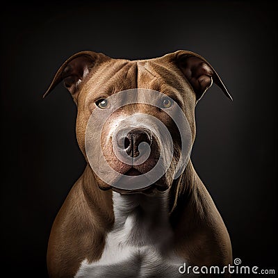 Muscular pitbull in brown and white. Muscular dog isolated on dark background Stock Photo