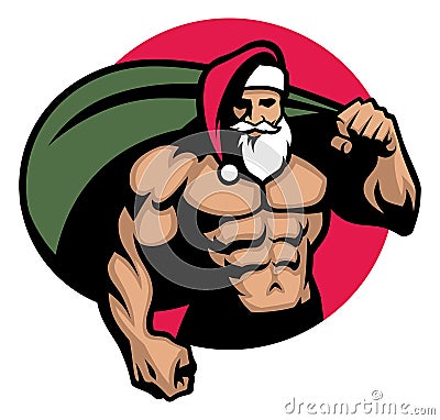 Muscular Santa claus bring a bag full of christmas gift Vector Illustration