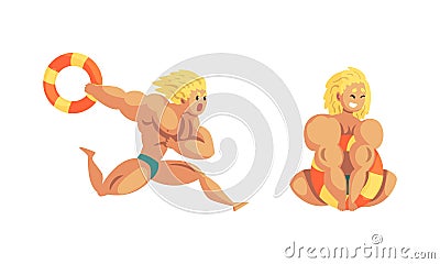 Muscular Young Man Beach Lifeguard Watching and Ensuring Safety, Professional Rescuer Character in Action Set Cartoon Vector Illustration