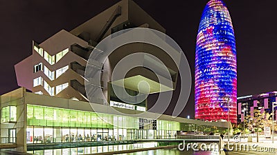 Museu de Barcelona da noite da Espanha do lapso de tempo agbar do panorama 4k do torre do projeto filme Museu de Barcelona da noite da Espanha do lapso de tempo agbar do panorama 4k do torre do projeto filme