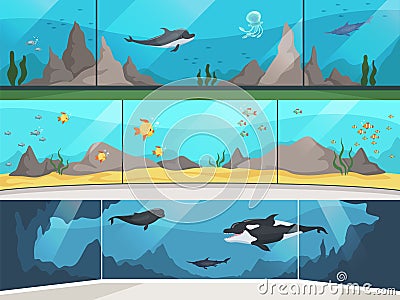 Museum aquarium. Underwater zoo children with parents watching big fishes vector horizontal banner Vector Illustration