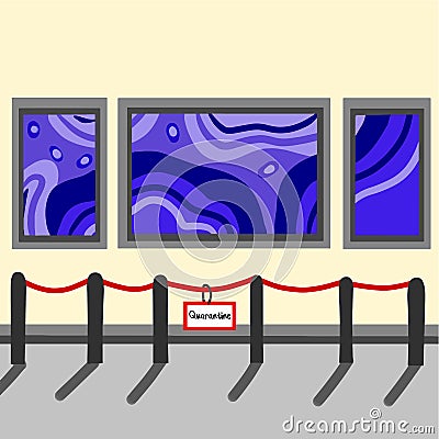 Museum and art gallery is closed during quarantine. Coronavirus pandemic world problem. Blue pictures on the wall. Vector flat Vector Illustration