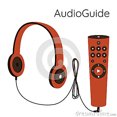 Museum audio guide. Headphones with a wire are connected to a gadget with control buttons.Self-guided tour of the Museum Vector Illustration