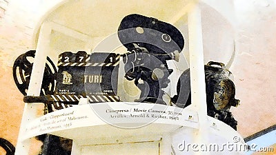 Museum of cinema, an ancient 35mm movie camera and a clapperboard dating back to 1900 Editorial Stock Photo