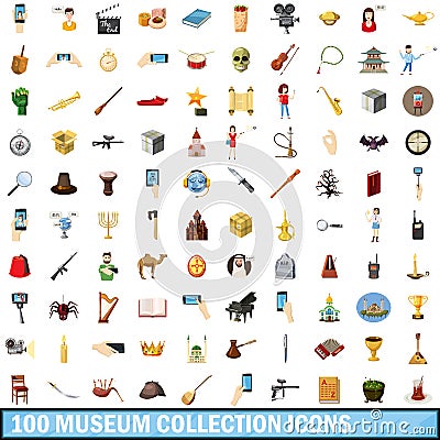 100 museum collection icons set, cartoon style Vector Illustration