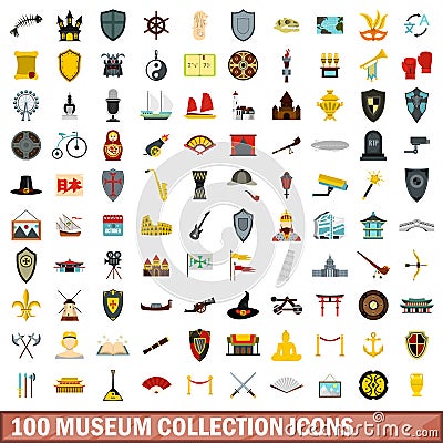 100 museum collection icons set, flat style Vector Illustration