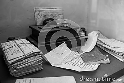 Museum exhibit of an antique clerks desk Editorial Stock Photo