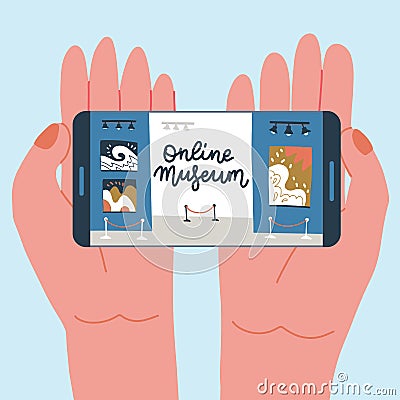 Museum exhibit online concept. Contemporary art gallery. Hands with phone with exibition app on screen. Colorful vector flat Cartoon Illustration