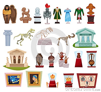 Museum Exhibit with Picture, Ancient Vase, Sculpture, Clothing and Dinosaur Sleketon Big Vector Set Vector Illustration