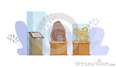 Museum exhibit stuff, glass protective box stand historical ancient showpiece isolated on white, flat vector Vector Illustration