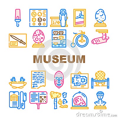 Museum Exhibits And Excursion Icons Set Vector Vector Illustration
