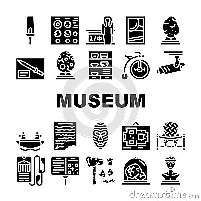 Museum Exhibits And Excursion Icons Set Vector Vector Illustration