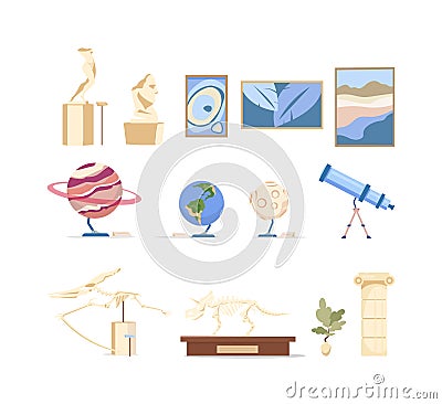 Museum exhibits flat color vector objects set Vector Illustration