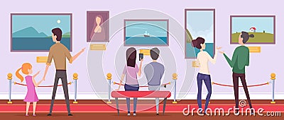 Museum gallery. Visitors looking paintings on exposition museum contemplating exact vector cartoon background Vector Illustration
