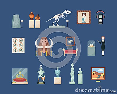 Museum historical large set. Guide with an ancient book antique roman statues stuffed mammoth ancient golden crown Vector Illustration