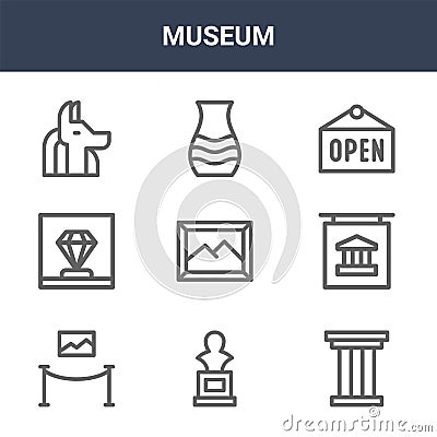 9 museum icons pack. trendy museum icons on white background. thin outline line icons such as pillar, museum, amphora . icon set Vector Illustration
