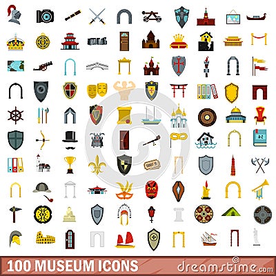 100 museum icons set, flat style Vector Illustration