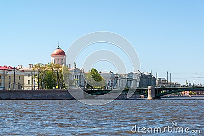 Museum of Institute of Russian Literature and bridge Birzevoy in St. Petersburg, Russia Stock Photo