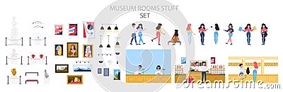 Museum interior, exhibition and visitor set. People in the museum. Vector Illustration