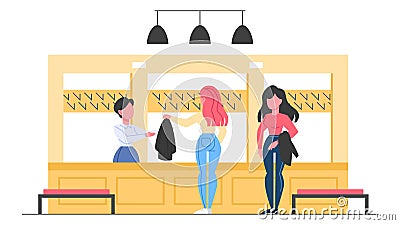 Museum interior, visitor in cloakroom. Museum cloakroom. Vector Illustration