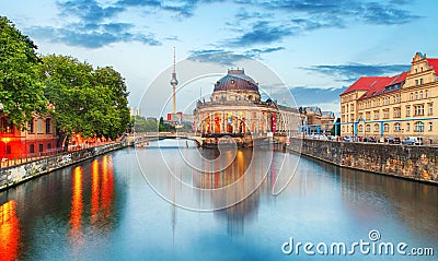 Museum island on Spree river and Alexanderplatz TV tower in cent Editorial Stock Photo