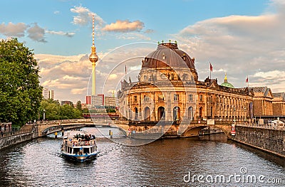 Museum island on Spree river and Alexanderplatz TV tower in cent Editorial Stock Photo