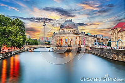 Museum island on Spree river and Alexanderplatz TV tower in cent Editorial Stock Photo