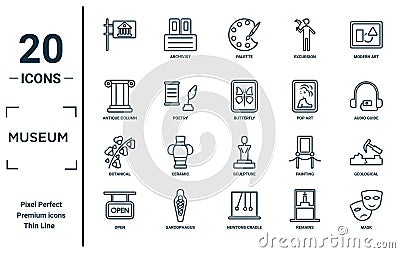 museum linear icon set. includes thin line , antique column, botanical, open, mask, butterfly, geological icons for report, Vector Illustration
