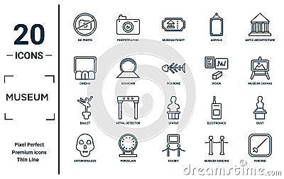 museum linear icon set. includes thin line no photo, cinema, ballet, anthropology, fencing, fishbone, bust icons for report, Vector Illustration