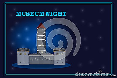 Museum night. Ancient castle at starry sky background. Cartoon Illustration