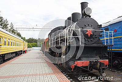 Museum for Railway Technology Novosibirsk. Old, Soviet railway locomotive, steam train. NOVOSIBIRSK, RUSSIA Editorial Stock Photo