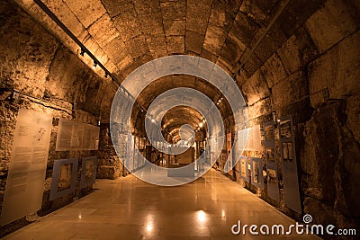 The museum in the tunnel under the Great Court of the temple of Jupiter. The ruins of the Roman city of Heliopolis or Baalbek in Editorial Stock Photo