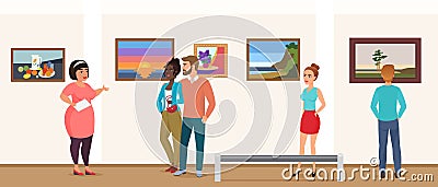 Museum visitors people in art exhibition gallery museum taking tour with guide and looking pictures photos vector Vector Illustration