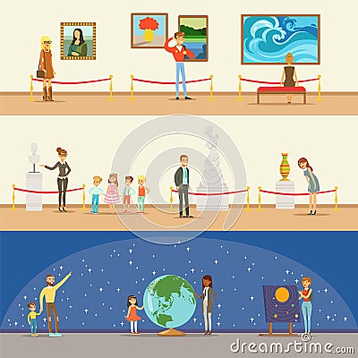 Museum Visitors Taking A Museum Tour With And Without A Guide Looking At Art And Science Exhibitions Series Of Vector Illustration