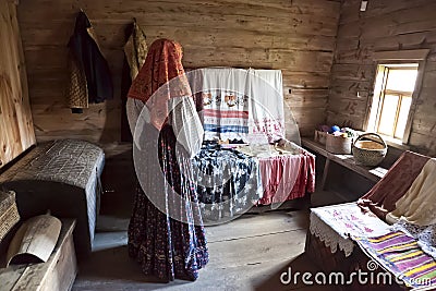 Museum of wooden architecture in Suzdal. The interior of the girl room. Golden ring Editorial Stock Photo