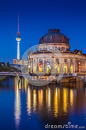 Museumsinsel with TV tower and Spree river at night, Berlin, Ger Editorial Stock Photo