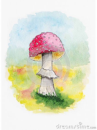 Mushroom amanita. Hand drawn watercolor painting on white background. illustration Cartoon Illustration